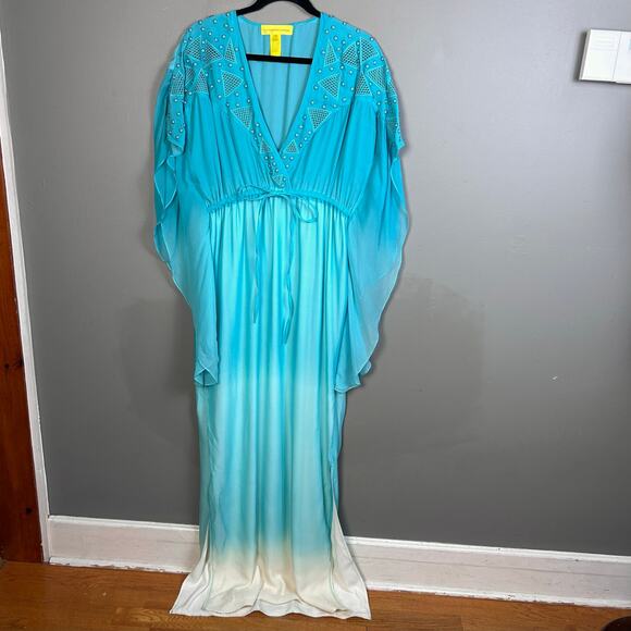 Catherine Malandrino kimono Dress Medium VTG Designer Studded FLAW Blue Silk Y2K - Picture 5 of 13